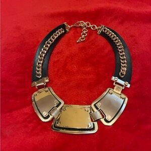 Statement Gold and Black Leather Necklace
